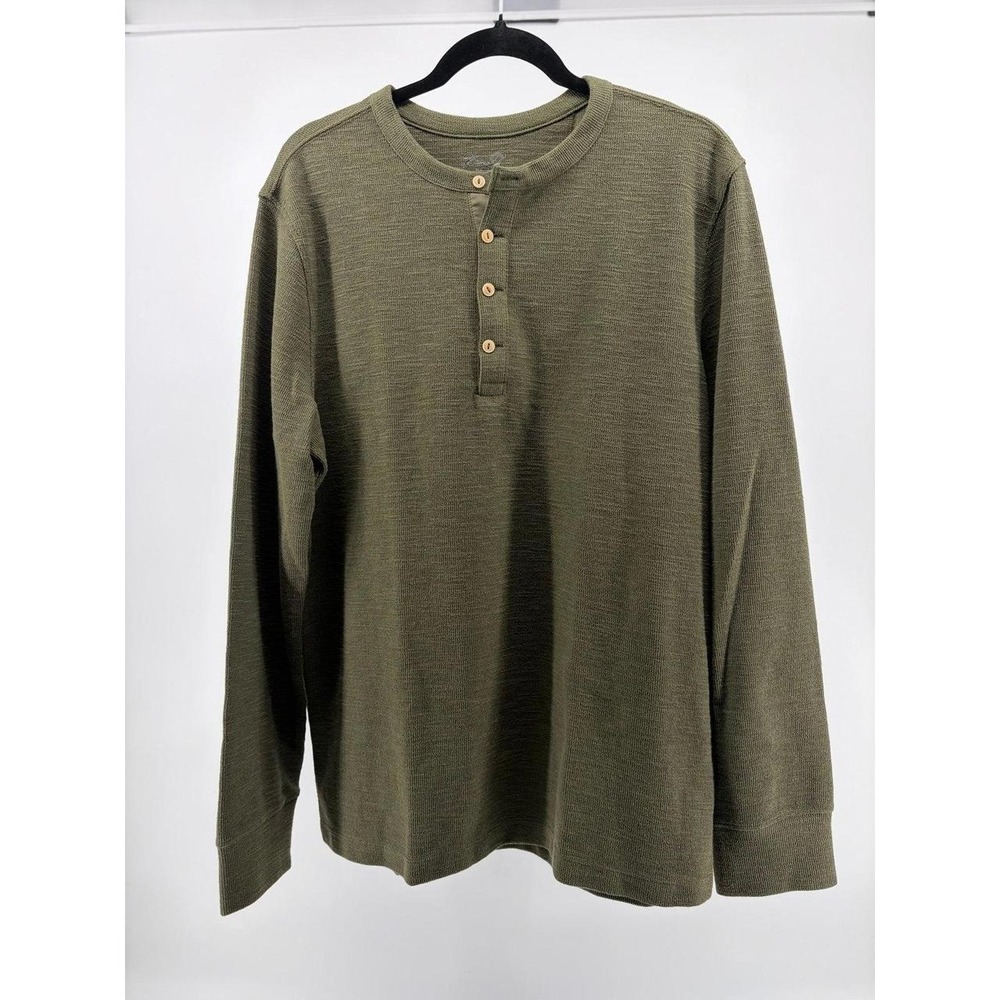 Kian D. Long Sleeve Olive Shirt, Waffle Knit, 1/4 Button Down, Men's Size Large